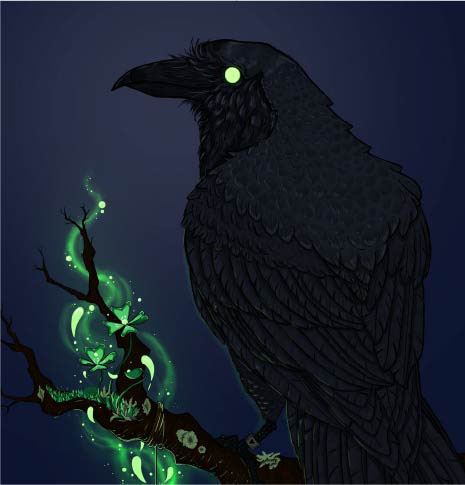 A dark illustration of a crow on a branch with a potion hanging on a branch